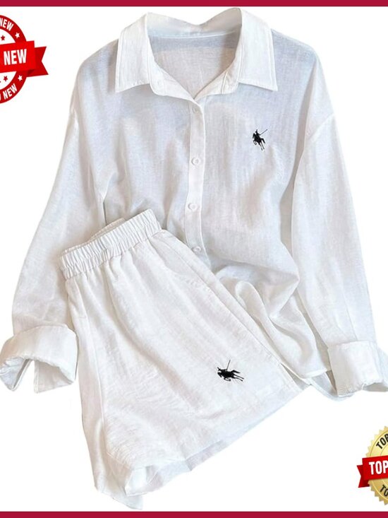 Other - Long Sleeve Button Down Shirt and Mini Shorts Pajama Set, Linen-Like